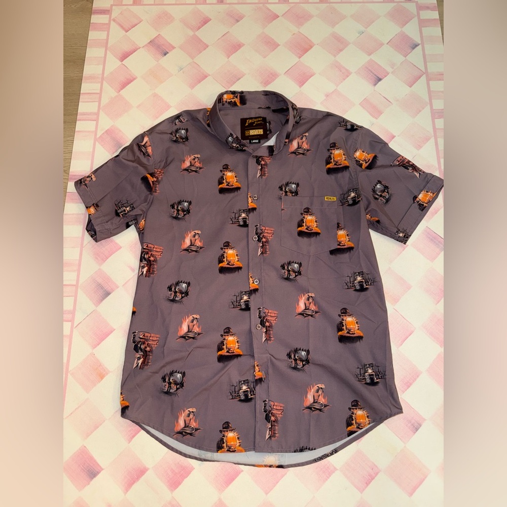 RSVLTS Indiana Jones Boulders, Snakes, and Idols Kunuflex Button Up Shirt sz L